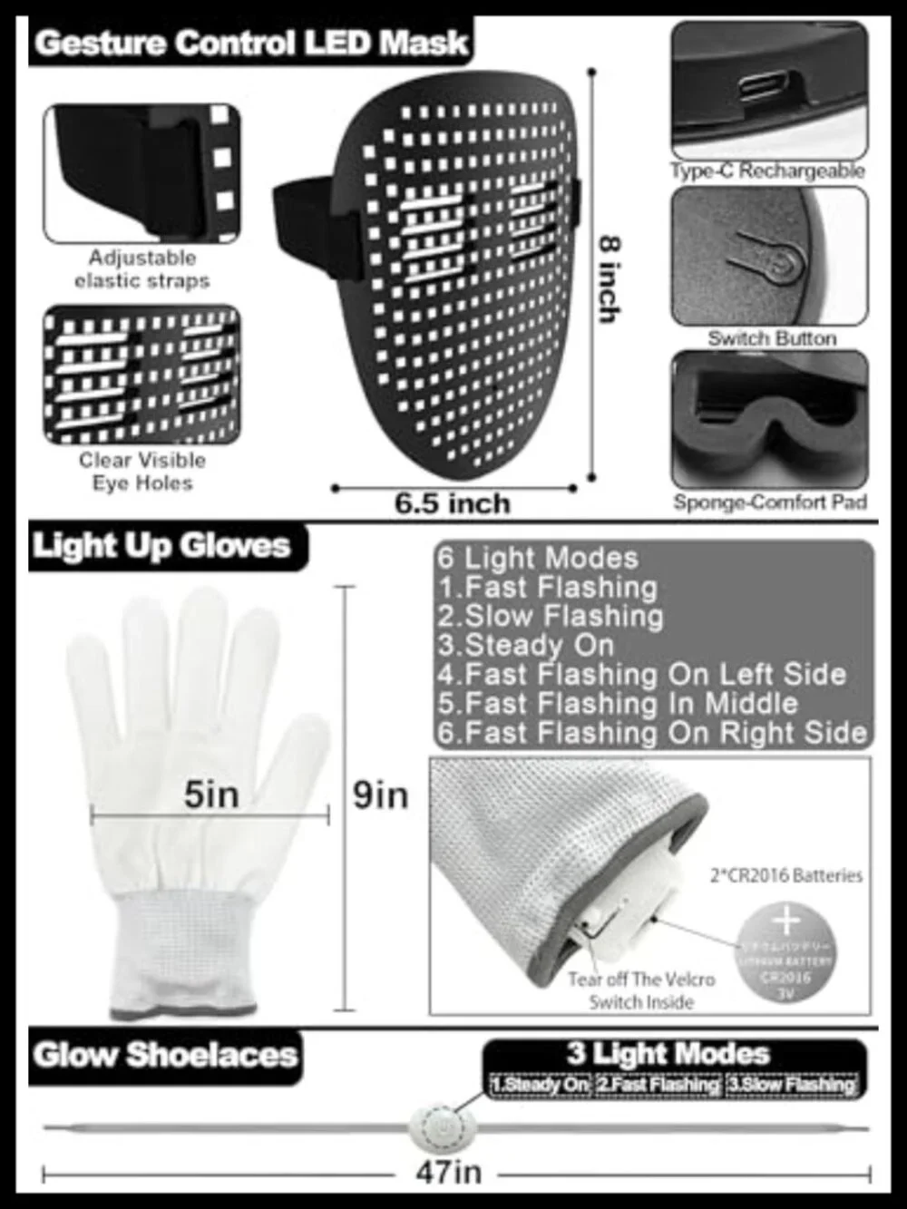 Kids 3 Piece LED Mask Gesture Sensing Gloves Shoelaces Set